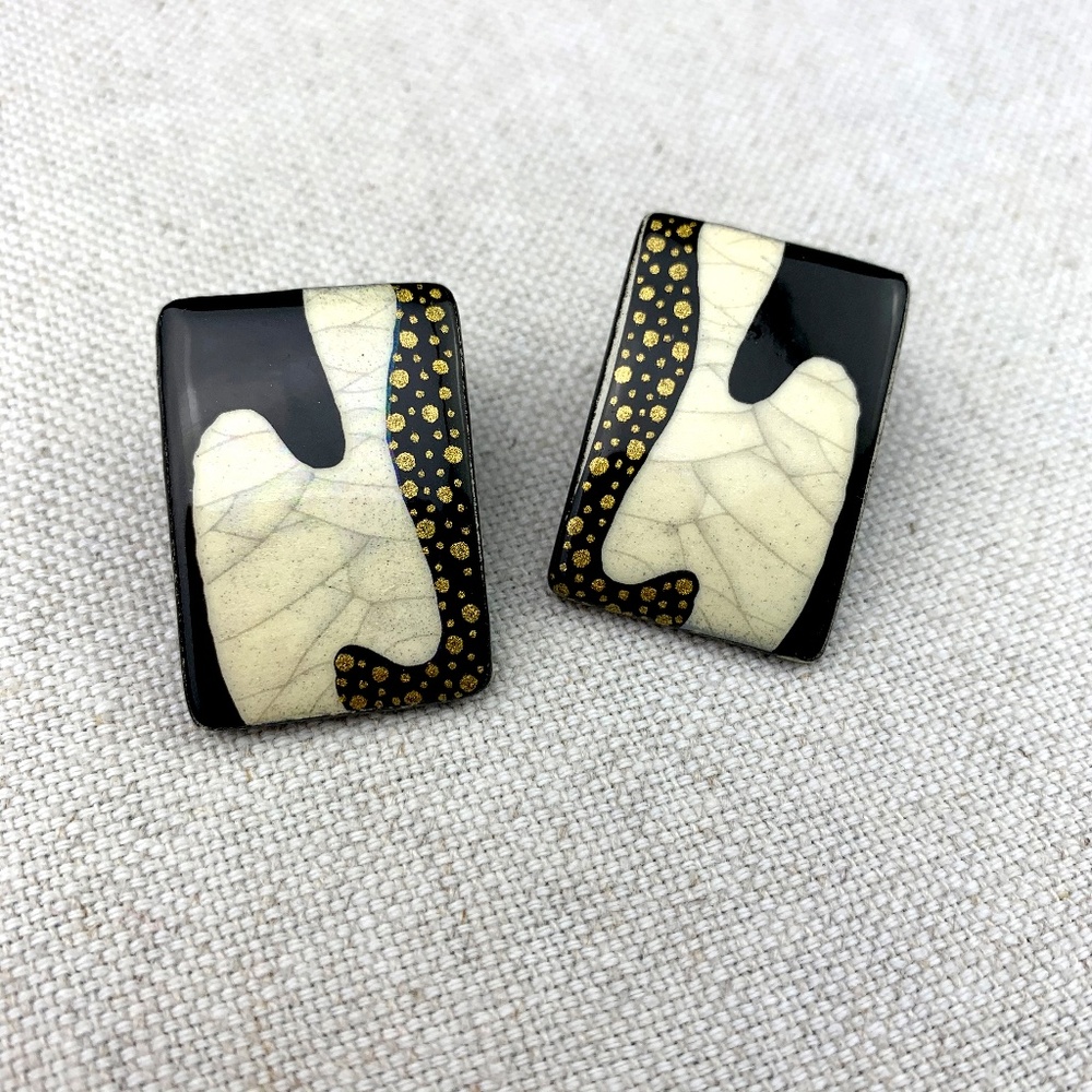 80's Abstract Deco Hand Painted Wooden Statement Earrings